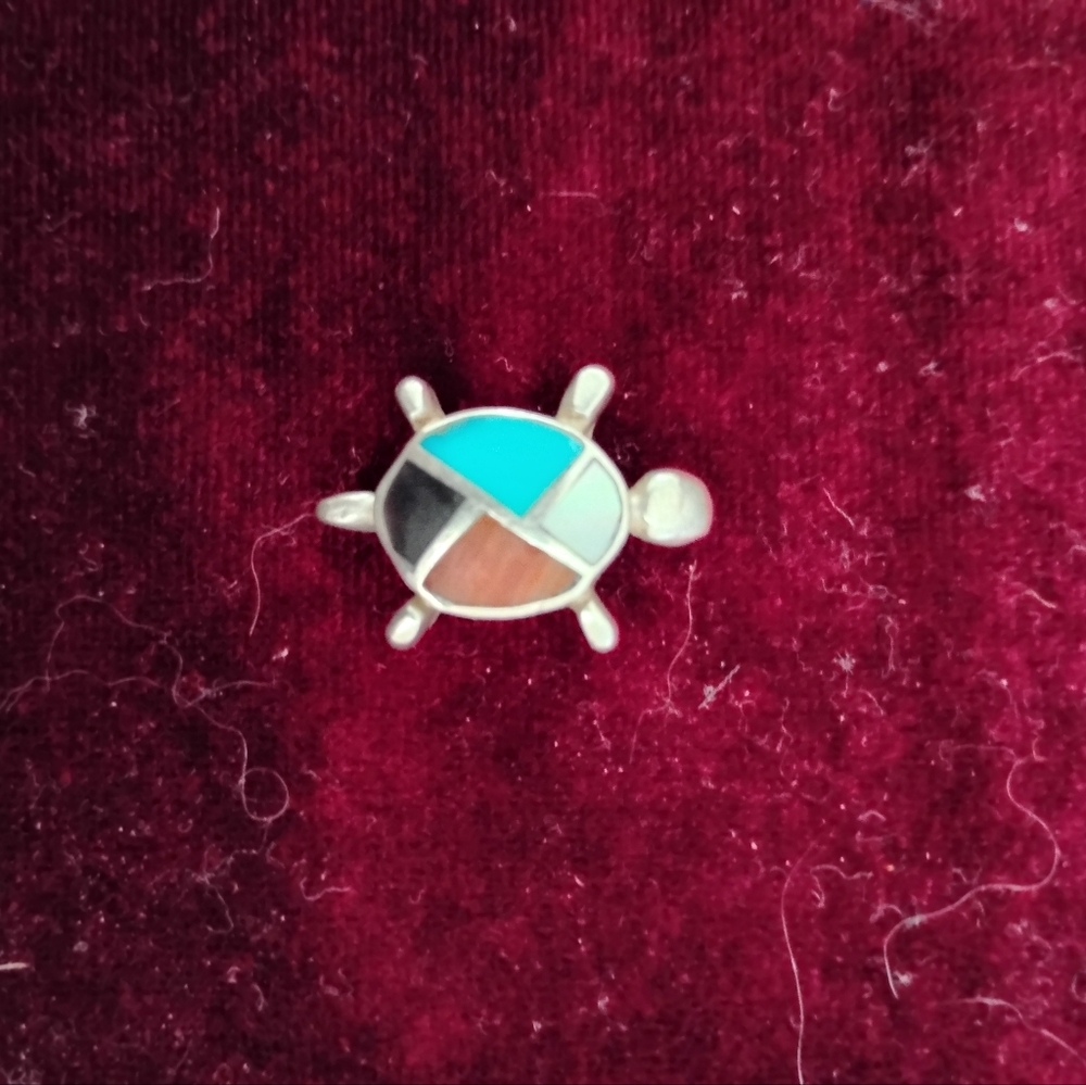 Navajo Sterling Silver Turtle Brooch Inlaid with Turquoise, Red Coral, Onyx+